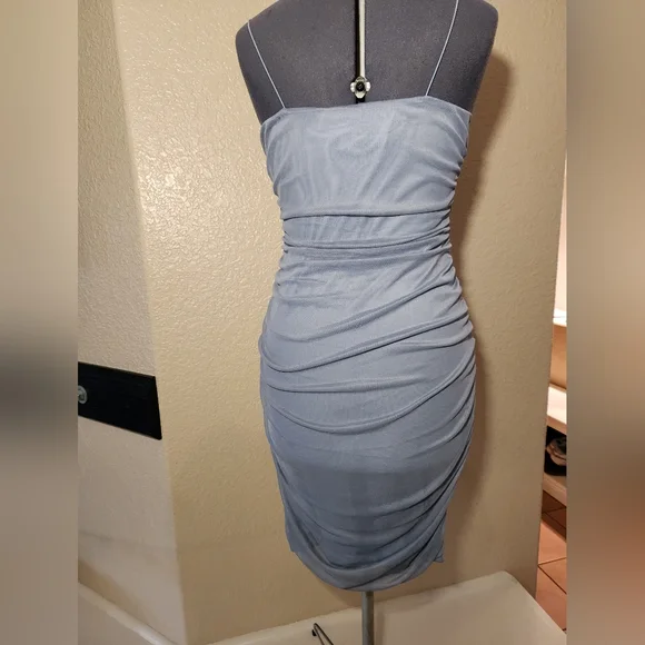 Slate Blue Ruched Spaghetti Strap Dress - Picture 2 of 5